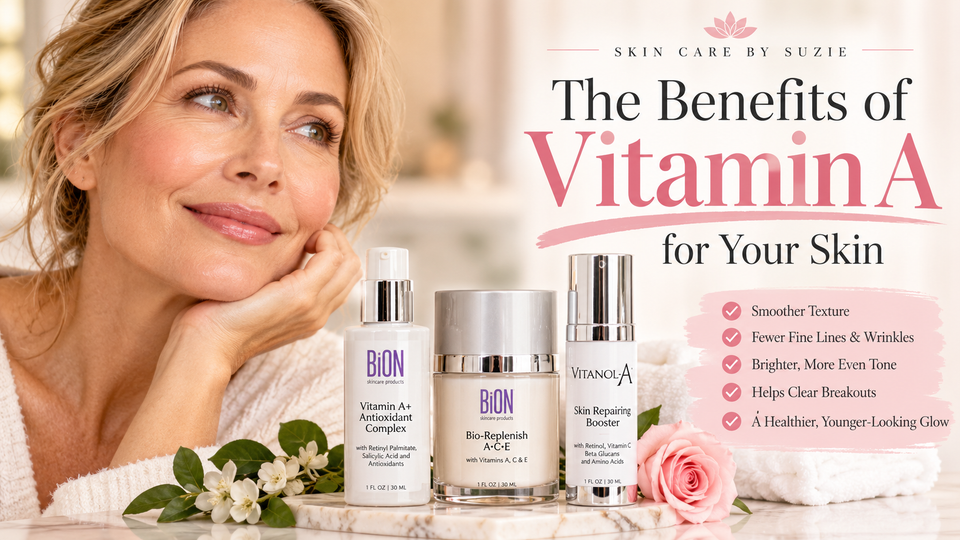 Benefits of Vitamin A for skin featuring BiON Vitamin A skincare and a mature woman