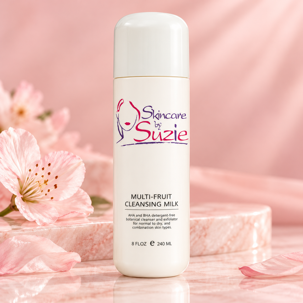Glycolic Multi-Fruit Cleansing Milk on pink background