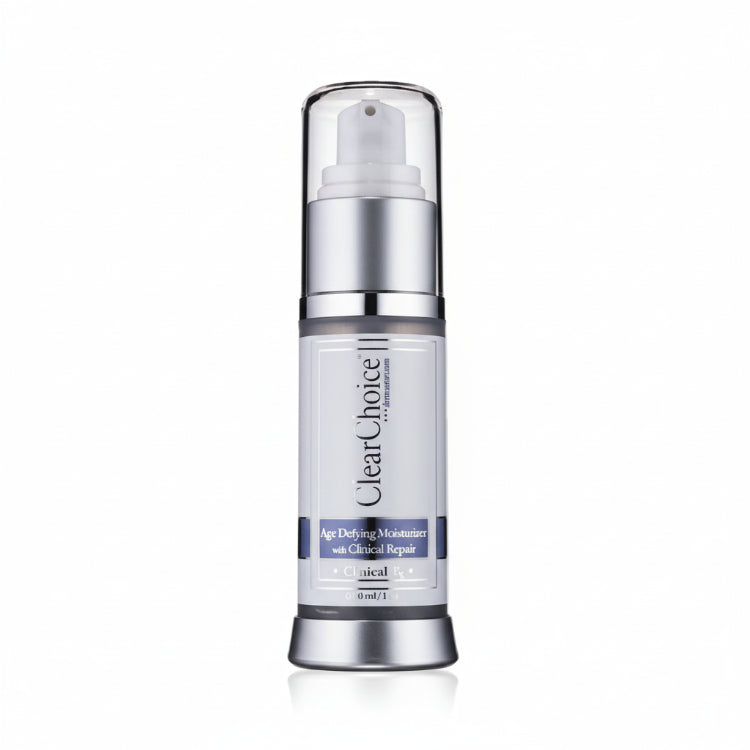 Skincare bottle labeled 'Clear Choice' on a white background