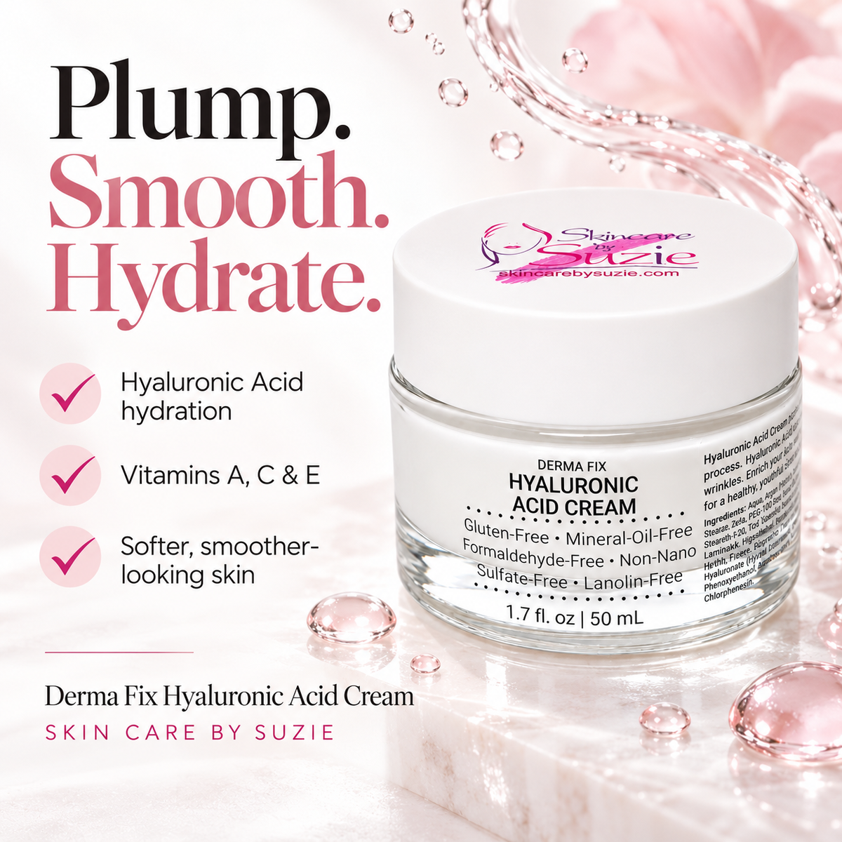 Derma Fix Hyaluronic Acid Cream benefits: hydration, vitamins A, C and E, and smoother-looking skin