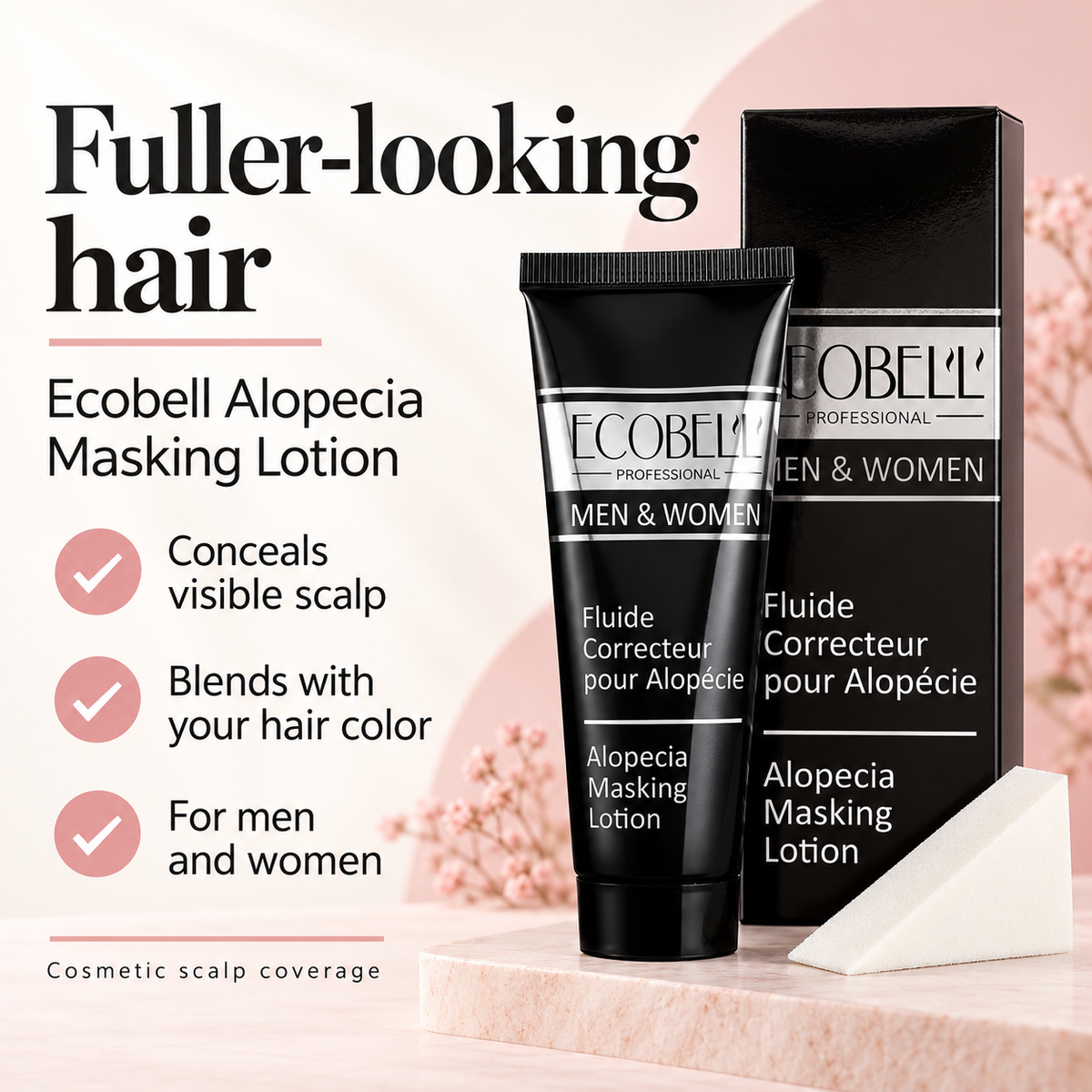 Ecobell scalp concealer benefits: conceals visible scalp, blends with hair color, for men and women