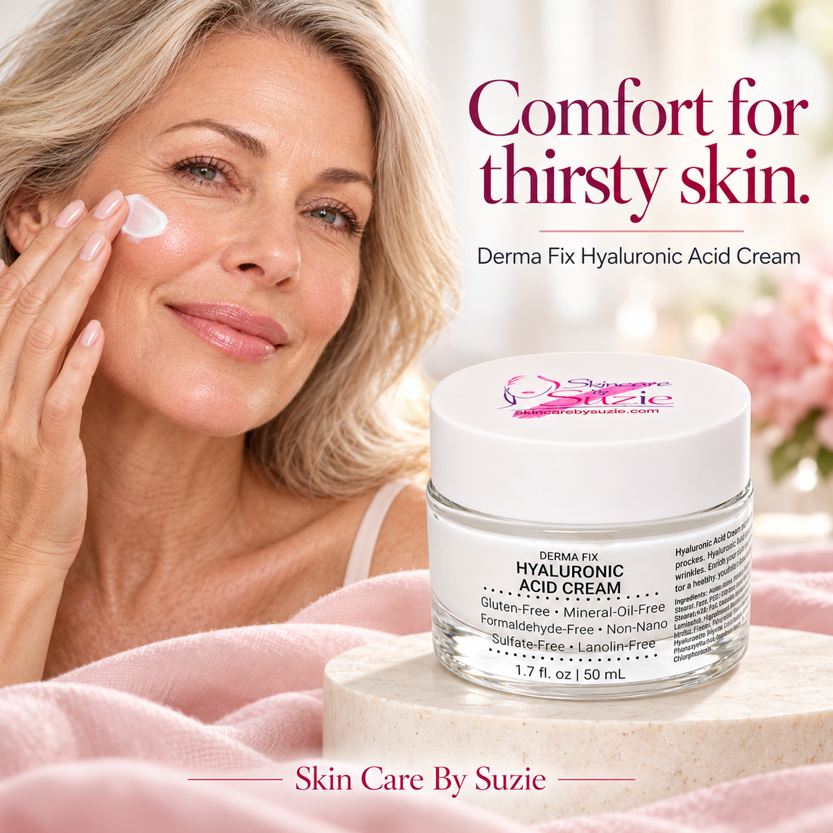 Mature woman applying face cream beside Derma Fix Hyaluronic Acid Cream 50 ml