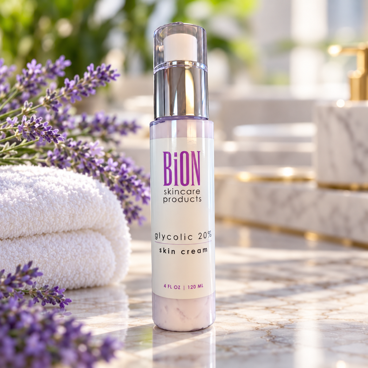 BiON 20% Glycolic Skin Cream on a spa counter with towels