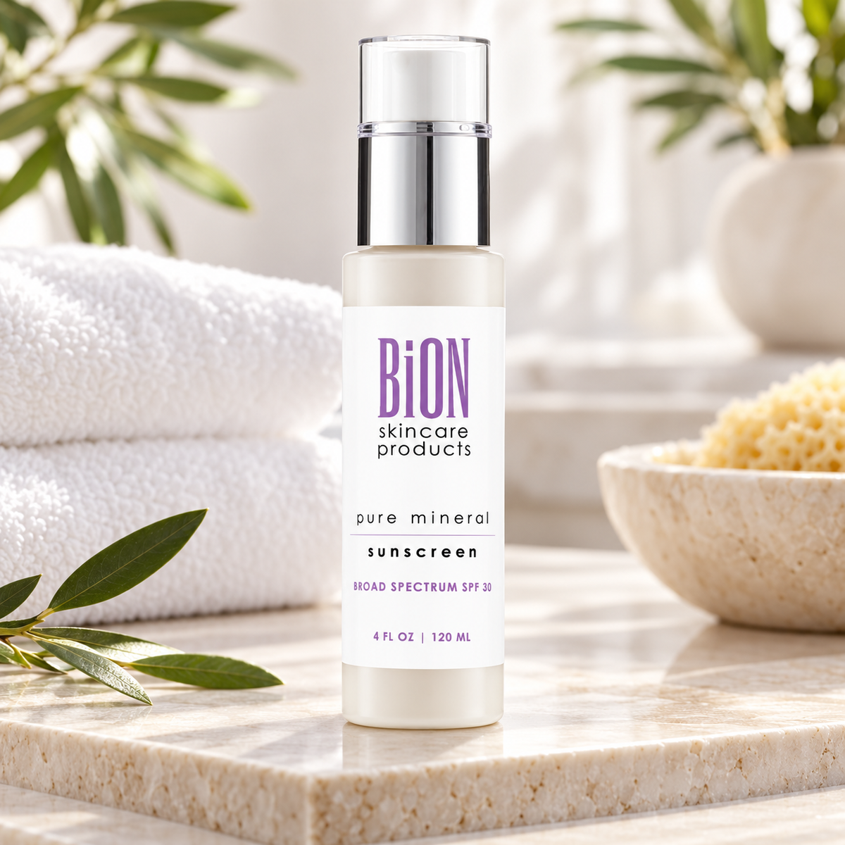 BiON Pure Mineral Sunscreen SPF 30 4 oz in spa setting