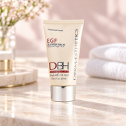 Dermaesthetics EGF Blemish Balm 2 oz on an ivory and blush skincare vanity