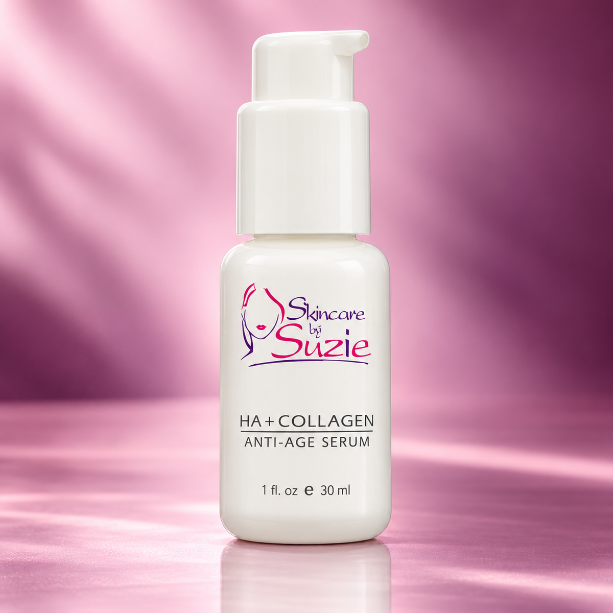 HA + Collagen Serum bottle on pink background
