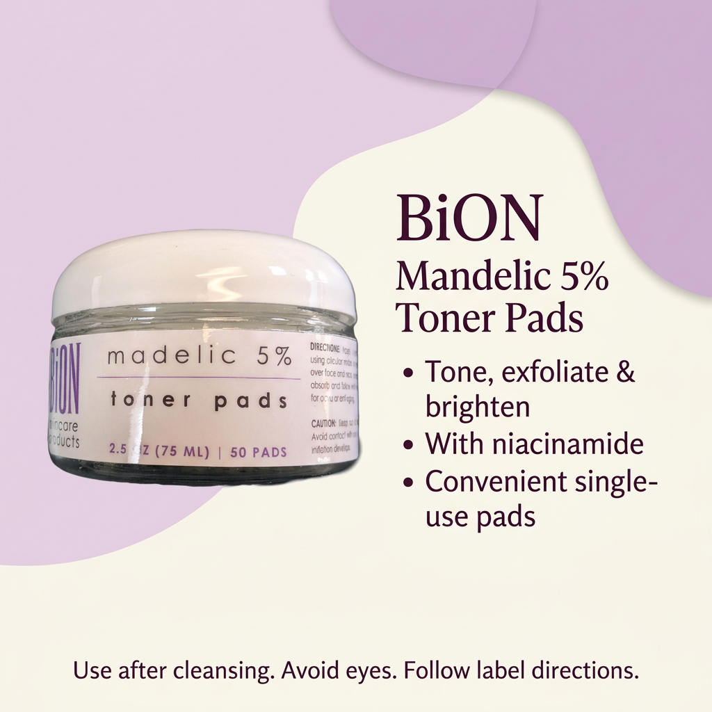 BiON Mandelic 5% Toner Pads informative graphic highlighting exfoliation niacinamide and single-use pads