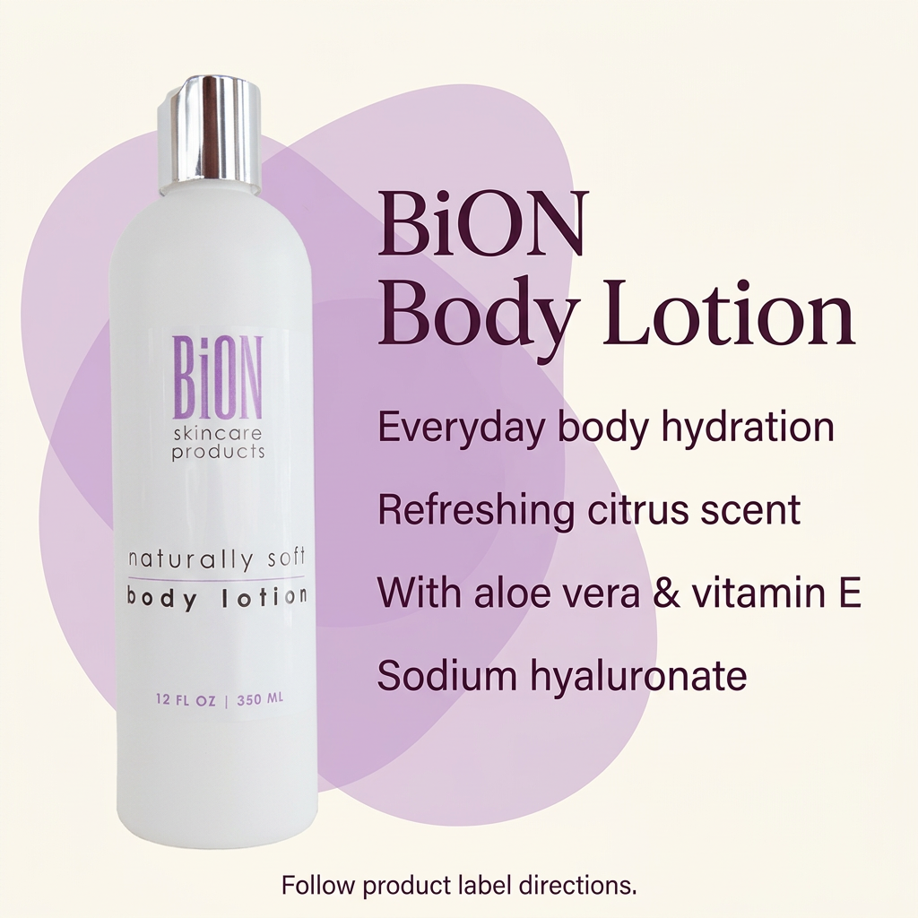 BiON Body Lotion informative graphic highlighting citrus scent, aloe vera, vitamin E and sodium hyaluronate
