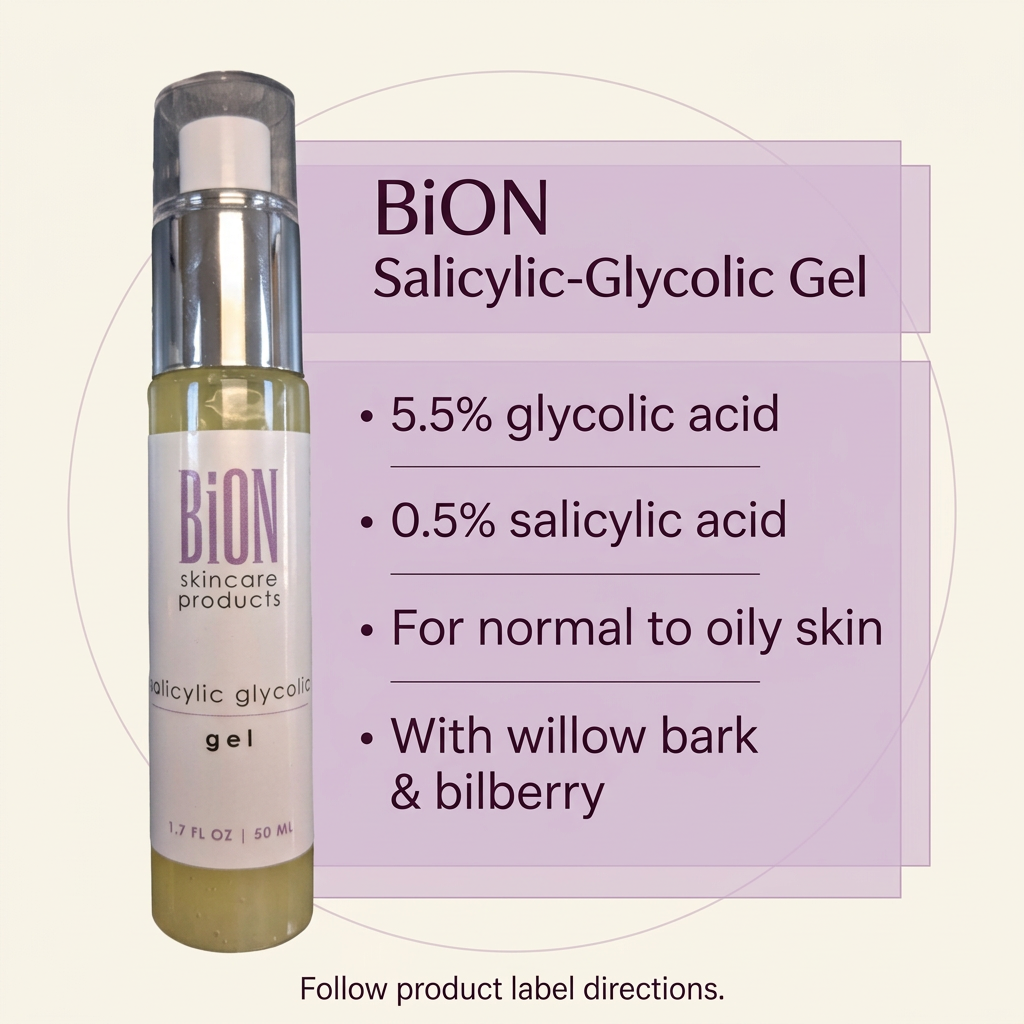 BiON Salicylic-Glycolic Gel informative graphic highlighting 5.5 percent glycolic acid and 0.5 percent salicylic acid