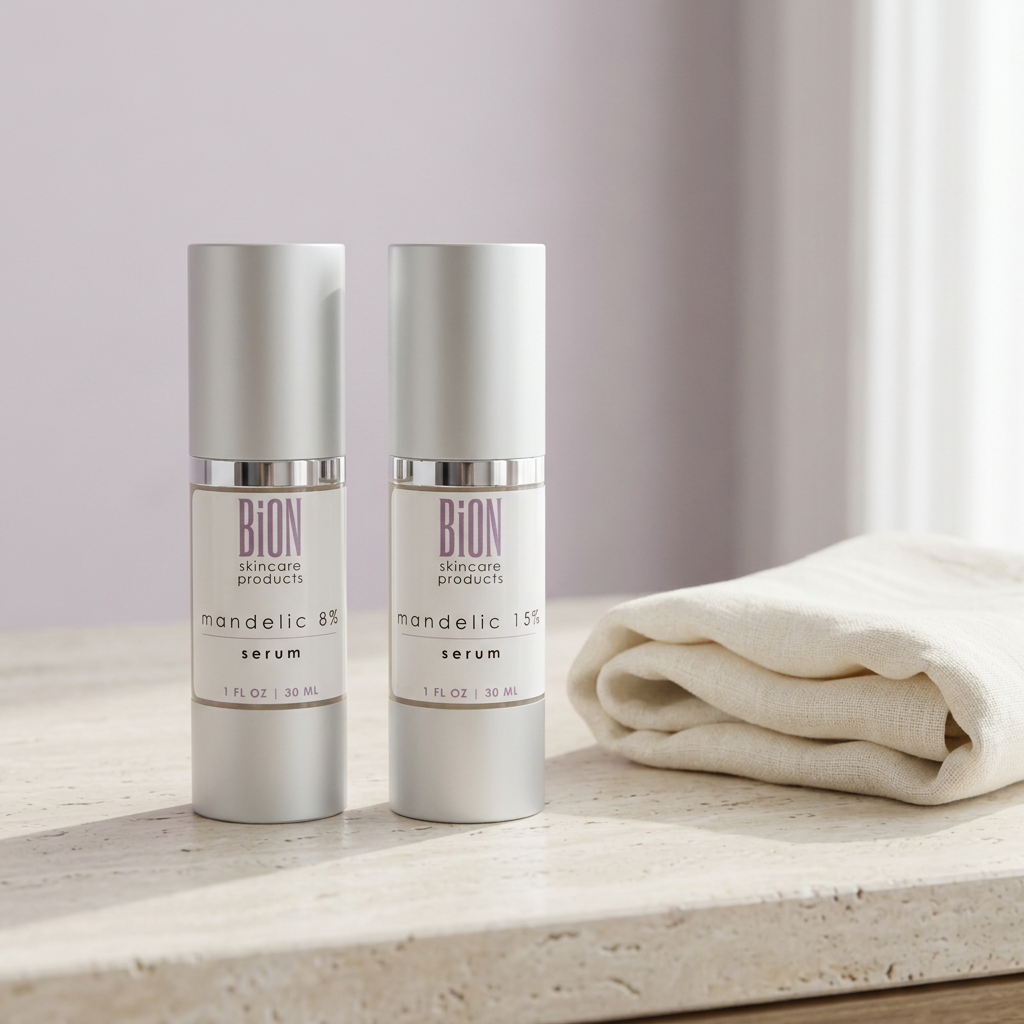 BiON Mandelic Serum 8% and 15% bottles on pale stone beside ivory linen