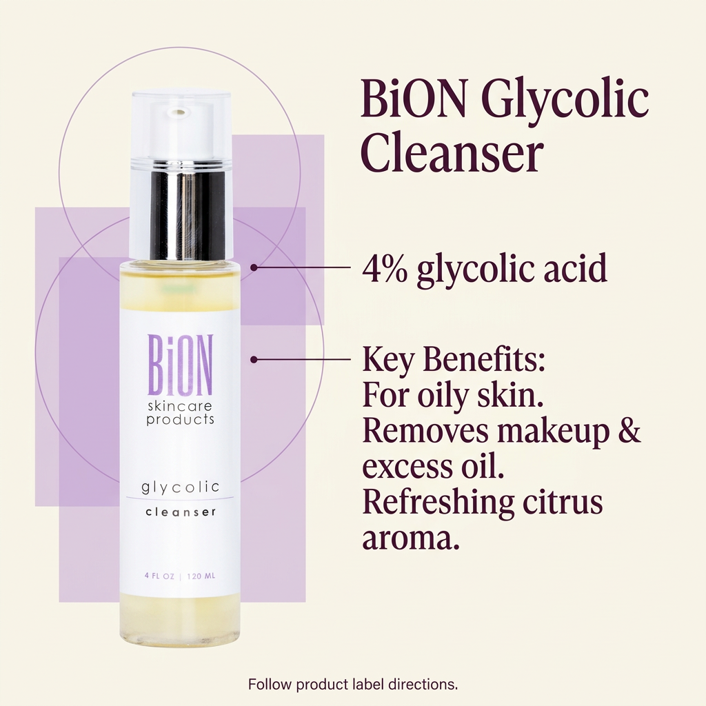 BiON Glycolic Cleanser informative image highlighting 4 percent glycolic acid and cleansing for oily skin