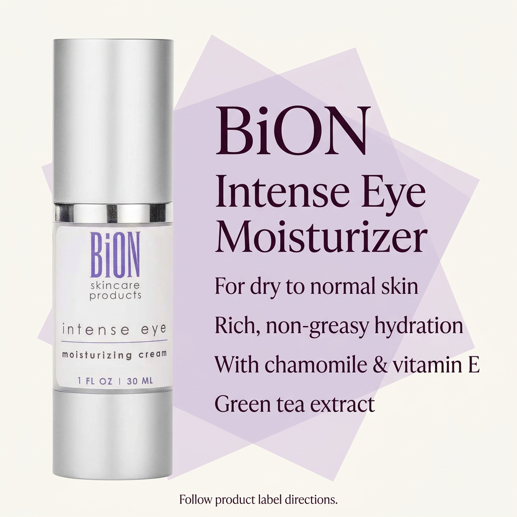 BiON Intense Eye Moisturizer informative graphic featuring hydration for dry to normal skin, chamomile, vitamin E and green tea extract