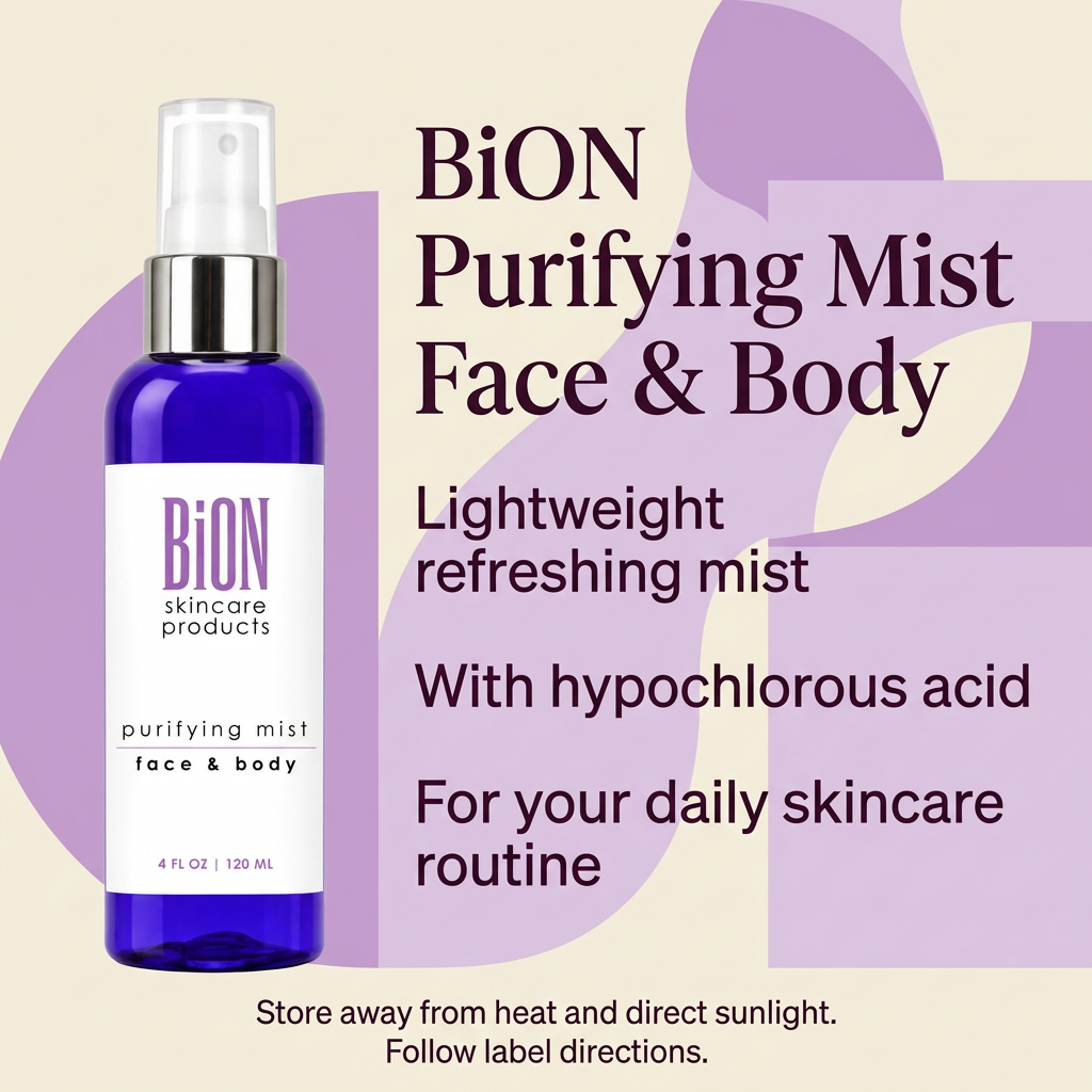 BiON Purifying Mist Face and Body informative graphic highlighting hypochlorous acid and refreshing mist