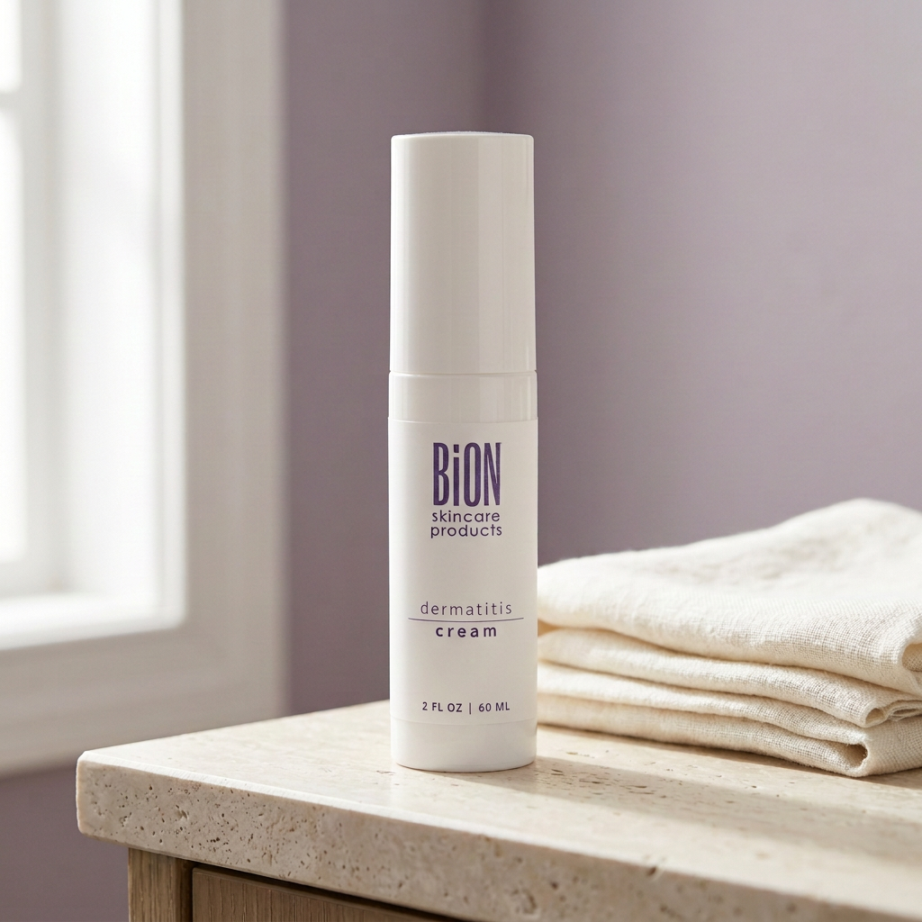BiON Dermatitis Cream white bottle on a pale stone vanity beside ivory linen