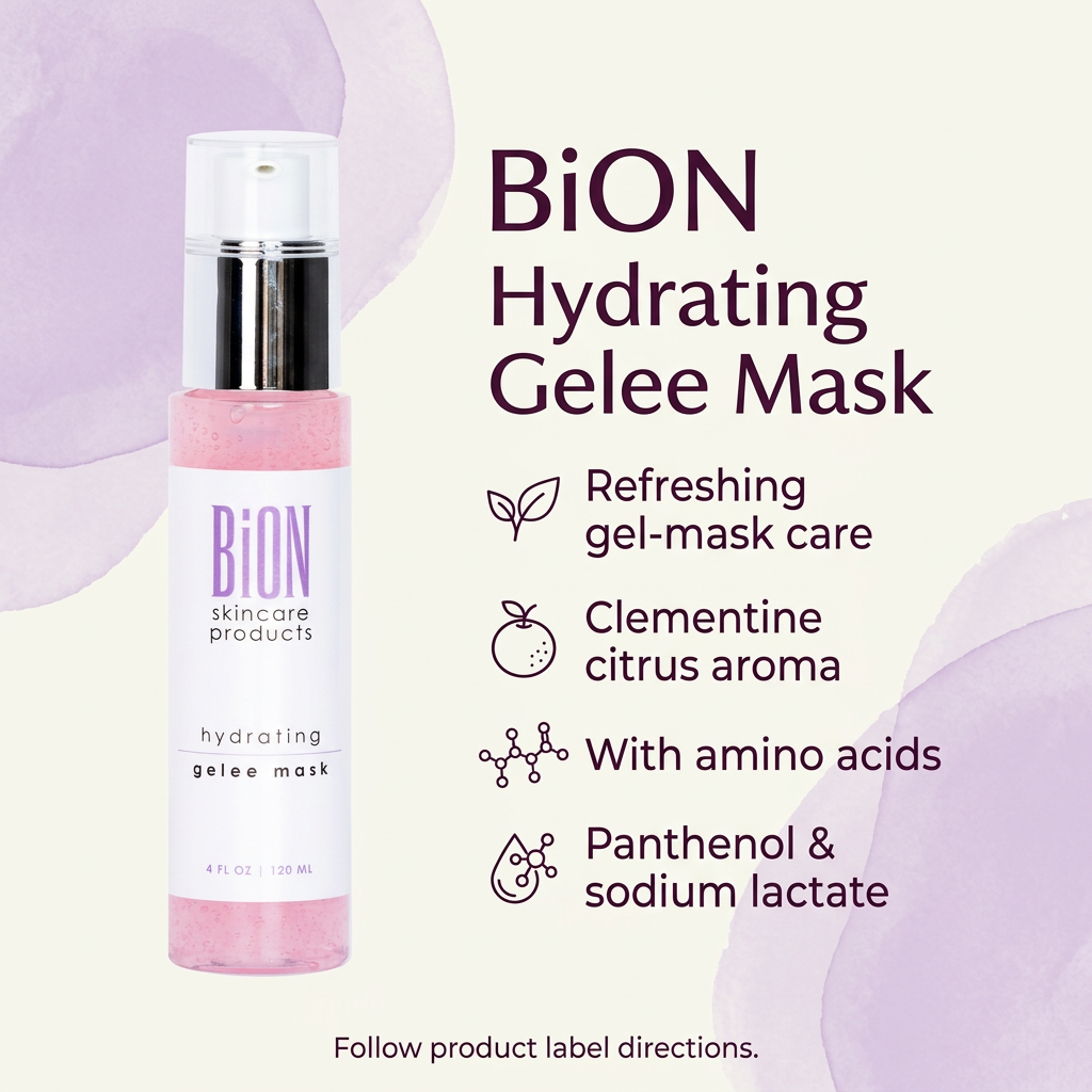 BiON Hydrating Gelee Mask informative graphic highlighting citrus aroma, amino acids, panthenol and sodium lactate