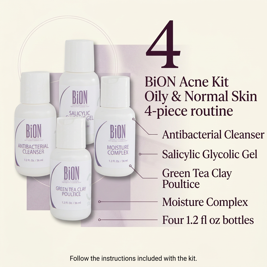 BiON Acne Kit for Oily and Normal Skin four-piece routine informative image