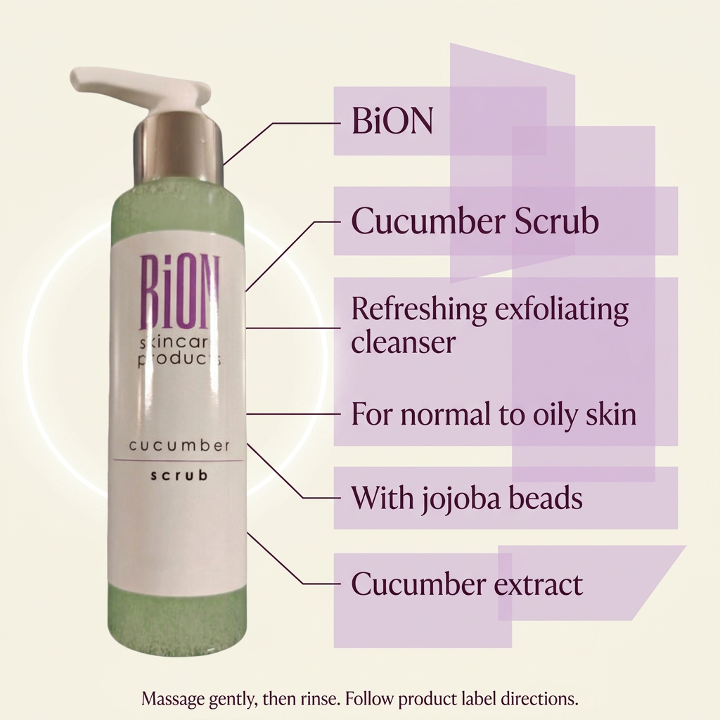 BiON Cucumber Scrub informative image featuring jojoba beads and cucumber extract for normal to oily skin