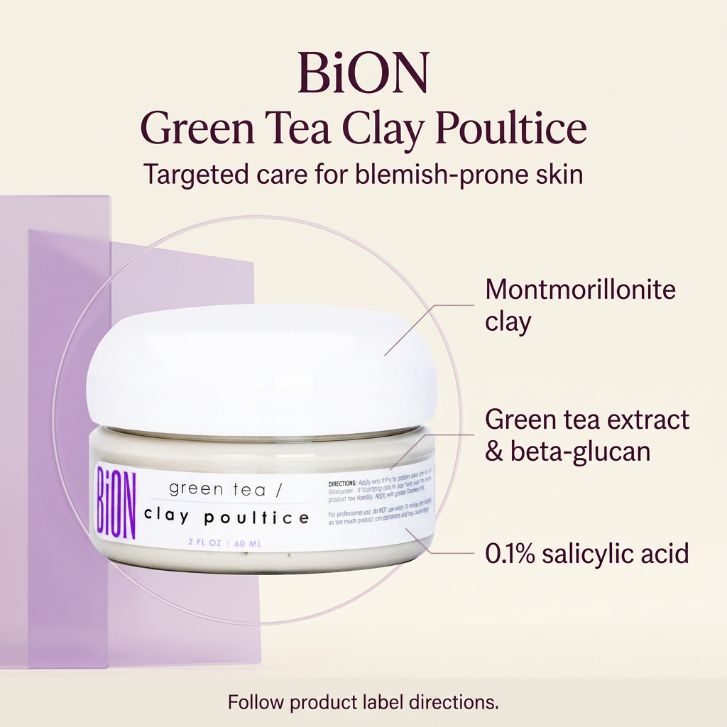 BiON Green Tea Clay Poultice informative graphic highlighting montmorillonite clay, green tea extract, beta-glucan and 0.1 percent salicylic acid
