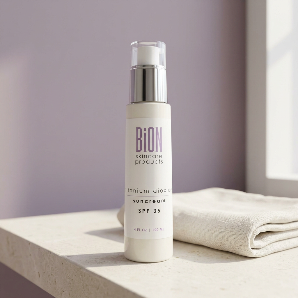 BiON Titanium Dioxide Sunscreen SPF 35 bottle on pale stone vanity beside ivory linen