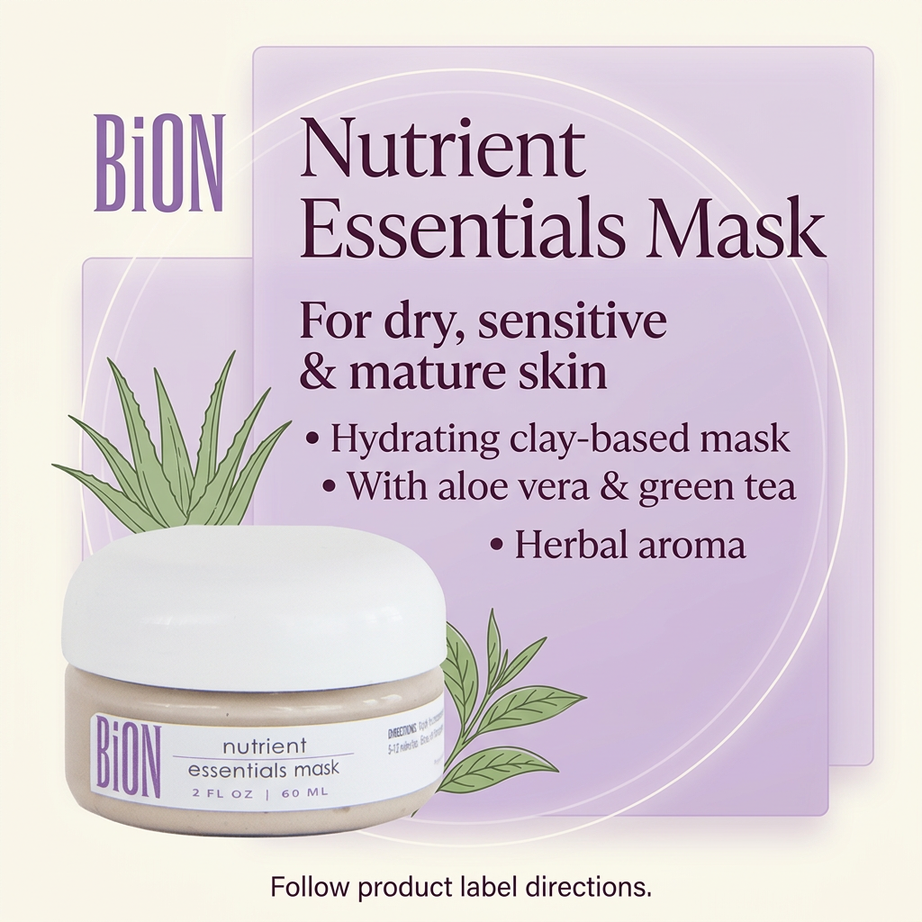 BiON Nutrient Essentials Mask informative graphic highlighting hydrating clay, aloe vera and green tea for dry, sensitive and mature skin