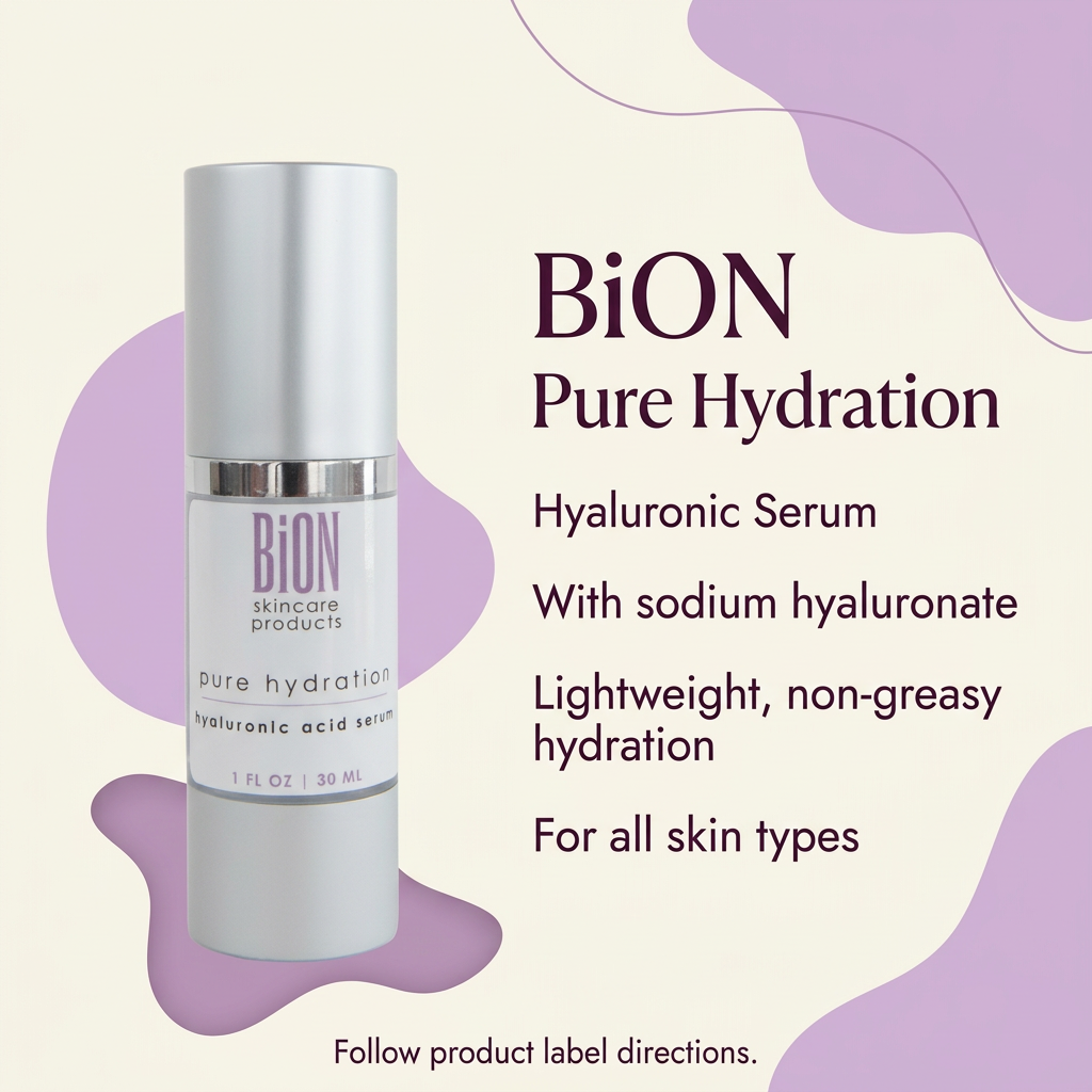 BiON Pure Hydration Hyaluronic Serum informative graphic highlighting sodium hyaluronate and lightweight hydration