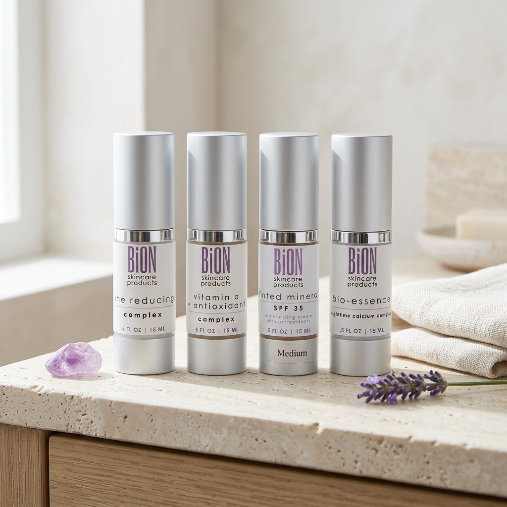 Four BiON Renew & Protect Kit silver bottles on pale stone beside ivory linen and lilac accents