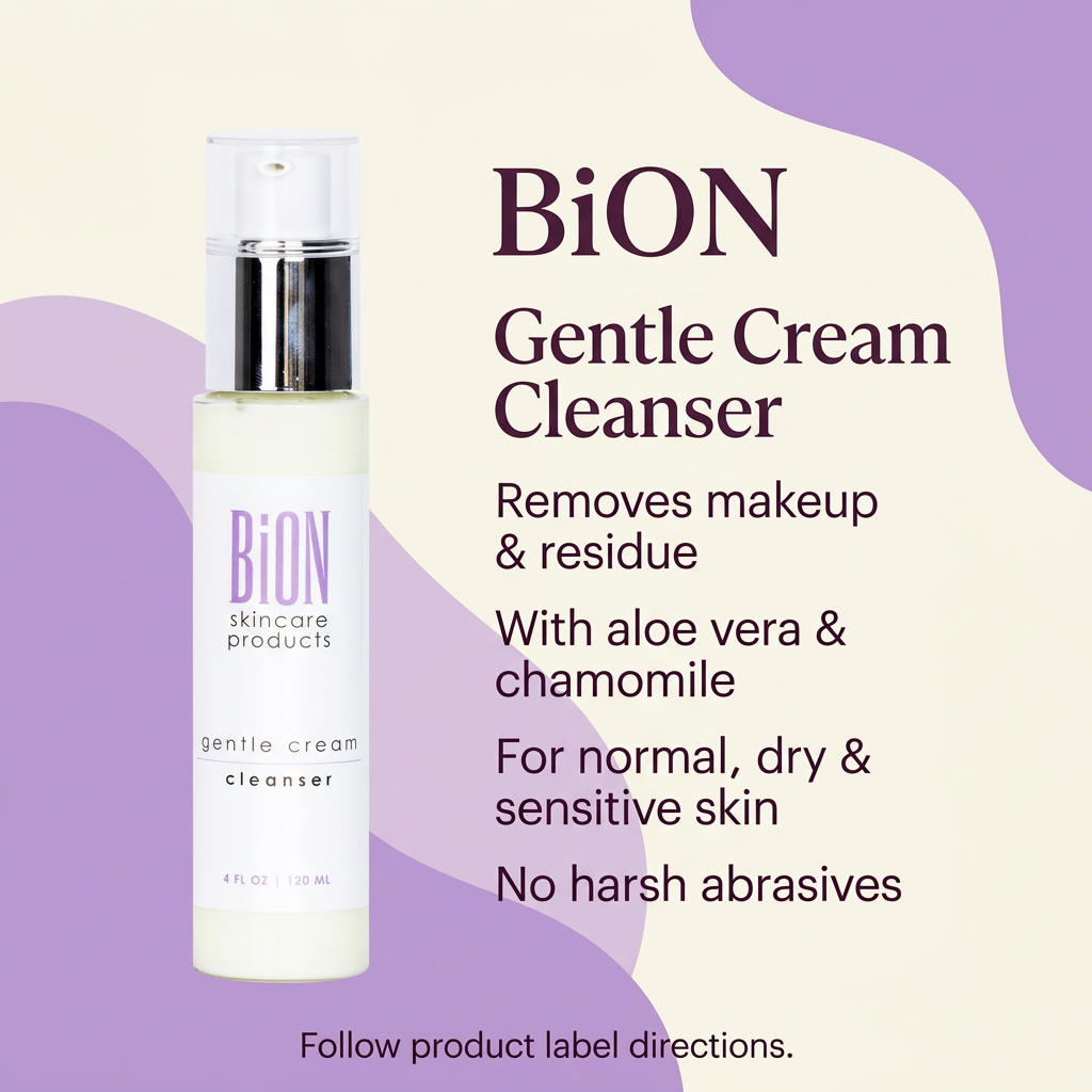 BiON Gentle Cream Cleanser informative graphic highlighting aloe vera and chamomile for normal dry and sensitive skin