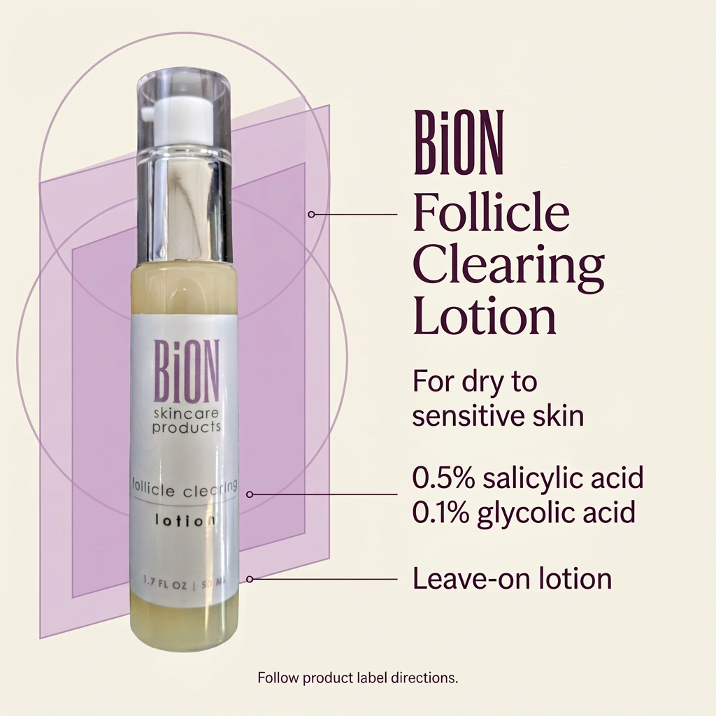BiON Follicle Clearing Lotion informative image with salicylic and glycolic acid details