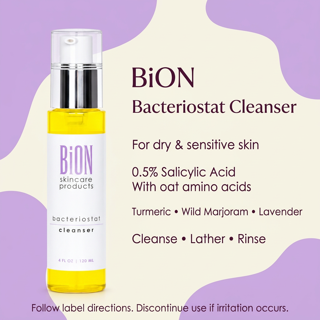 BiON Bacteriostat Cleanser informative graphic with 0.5% salicylic acid, oat amino acids, turmeric, wild marjoram and lavender for dry and sensitive skin