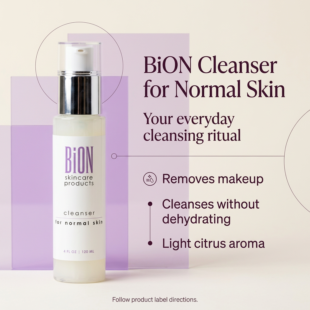 BiON Cleanser for Normal Skin informative image highlighting makeup removal and light citrus aroma