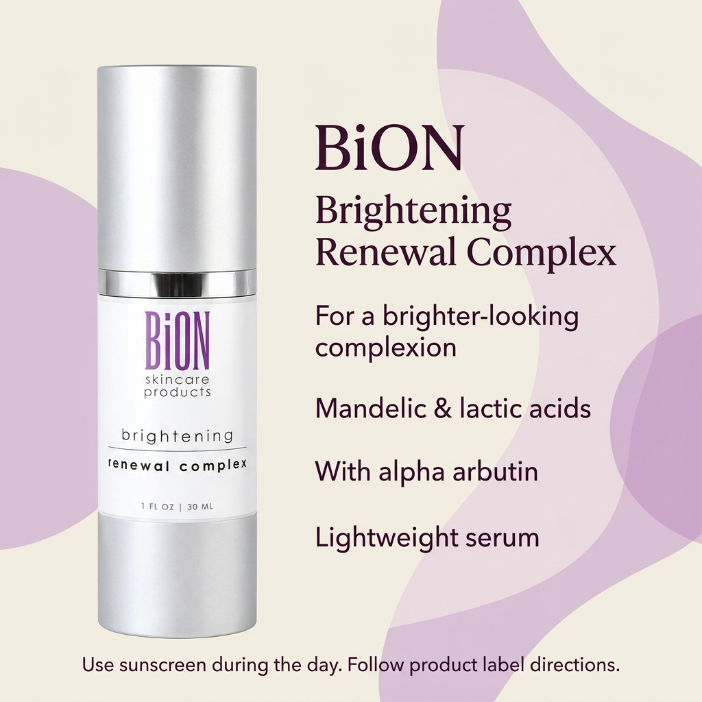 BiON Brightening Renewal Complex informative graphic highlighting mandelic and lactic acids and alpha arbutin