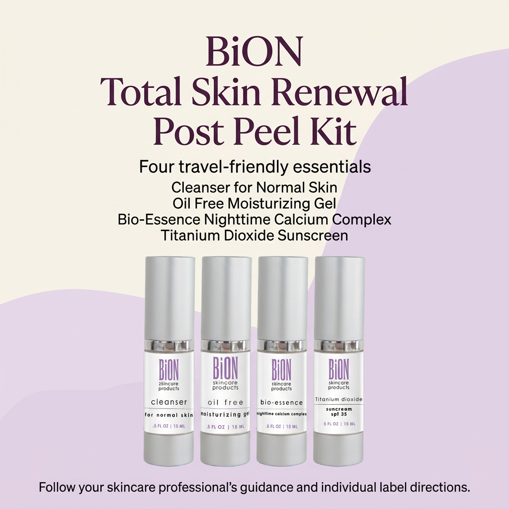BiON Total Skin Renewal Post Peel Kit informative graphic listing its four skincare essentials