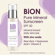 BiON Pure Mineral Sunscreen SPF 30 informative graphic highlighting zinc oxide, aloe vera, hyaluronic acid and vitamin E