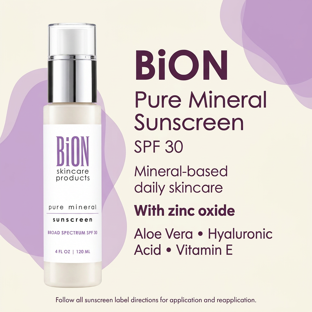 BiON Pure Mineral Sunscreen SPF 30 informative graphic highlighting zinc oxide, aloe vera, hyaluronic acid and vitamin E
