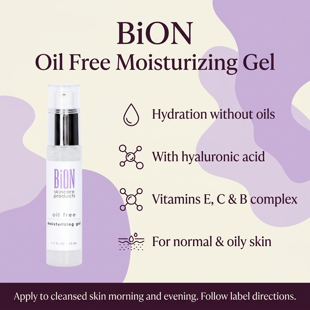 BiON Oil Free Moisturizing Gel informative graphic highlighting hyaluronic acid and vitamins for normal and oily skin