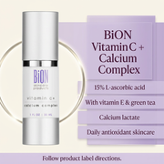 BiON Vitamin C + Calcium Complex informative graphic highlighting 15 percent L-ascorbic acid, vitamin E, green tea and calcium lactate