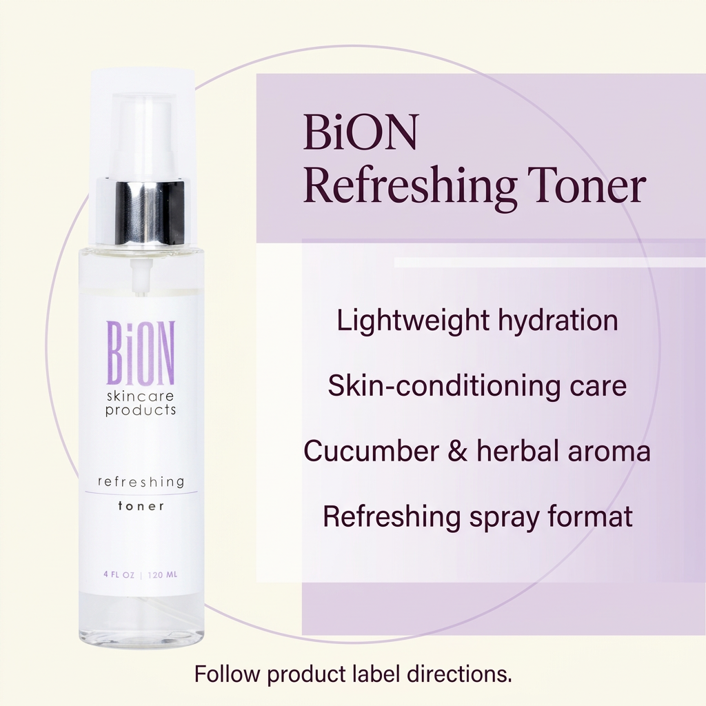 BiON Refreshing Toner informative graphic highlighting lightweight hydration and cucumber herbal aroma