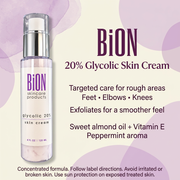 BiON 20% Glycolic Skin Cream informative graphic for rough feet, elbows and knees with almond oil, vitamin E and use precautions