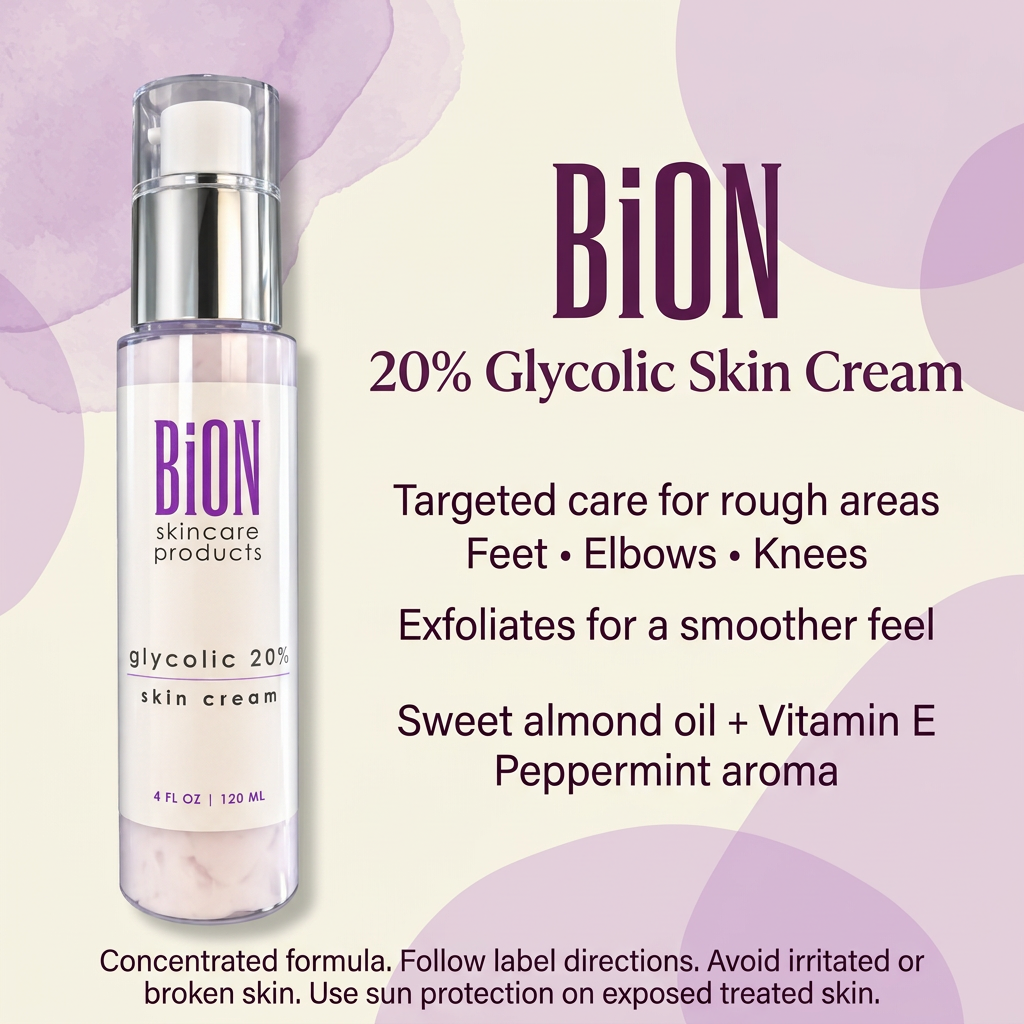 BiON 20% Glycolic Skin Cream informative graphic for rough feet, elbows and knees with almond oil, vitamin E and use precautions