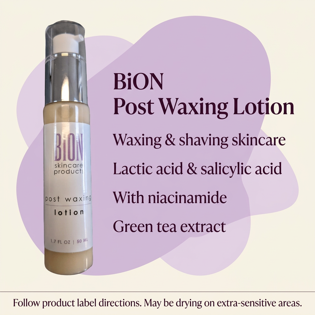 BiON Post Waxing Lotion informative graphic highlighting lactic acid, salicylic acid, niacinamide and green tea extract