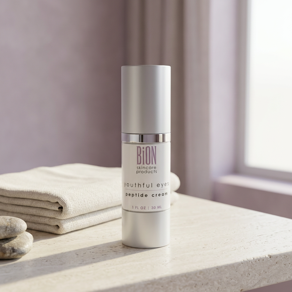 BiON Youthful Eyes Peptide Cream silver bottle on pale stone vanity beside ivory linen in soft window light