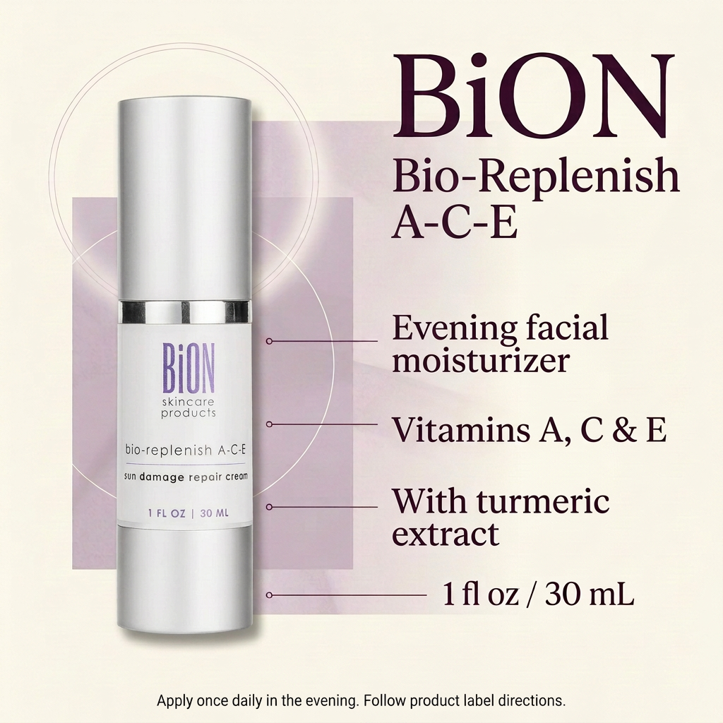 BiON Bio-Replenish A-C-E evening moisturizer with vitamins A C and E informative image