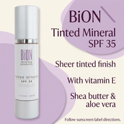 BiON Tinted Mineral SPF 35 informative graphic with vitamin E, shea butter and aloe vera highlights