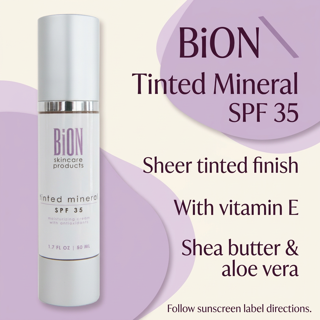 BiON Tinted Mineral SPF 35 informative graphic with vitamin E, shea butter and aloe vera highlights
