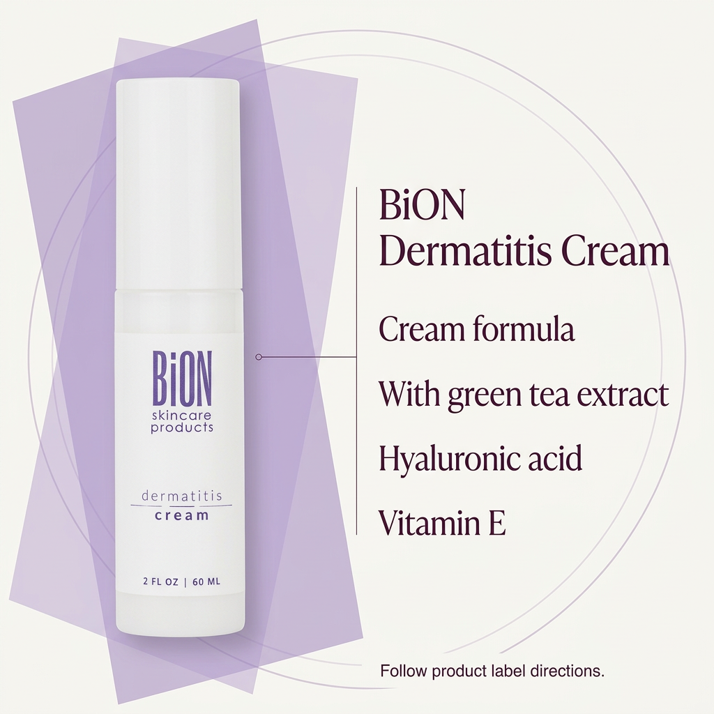 BiON Dermatitis Cream informative image highlighting green tea extract hyaluronic acid and vitamin E