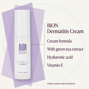 BiON Dermatitis Cream informative image highlighting green tea extract hyaluronic acid and vitamin E
