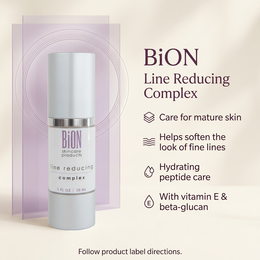 BiON Line Reducing Complex informative graphic highlighting hydrating peptide care, vitamin E and beta-glucan