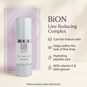 BiON Line Reducing Complex informative graphic highlighting hydrating peptide care, vitamin E and beta-glucan