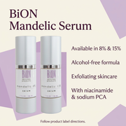 BiON Mandelic Serum informative graphic showing available 8% and 15% strengths and alcohol-free formula