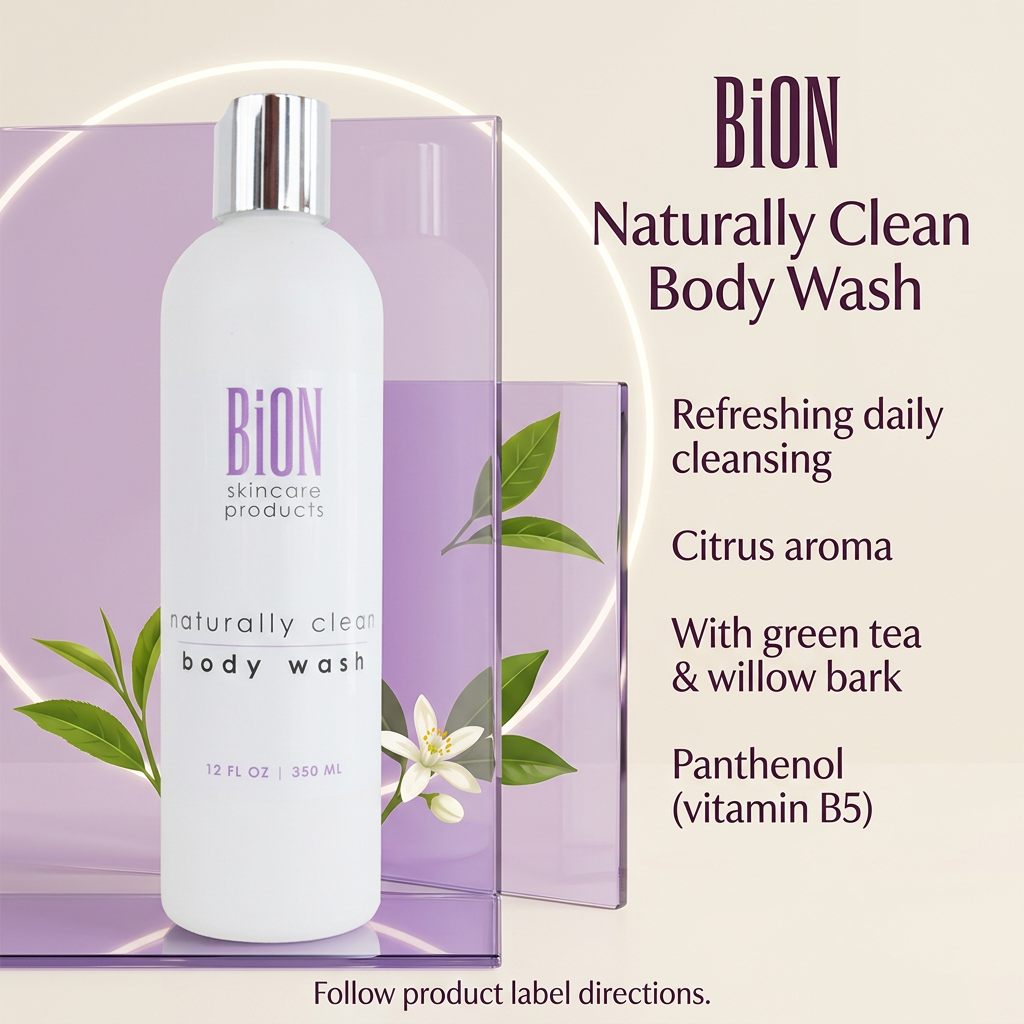 BiON Naturally Clean Body Wash informative graphic highlighting citrus aroma, green tea, willow bark and vitamin B5